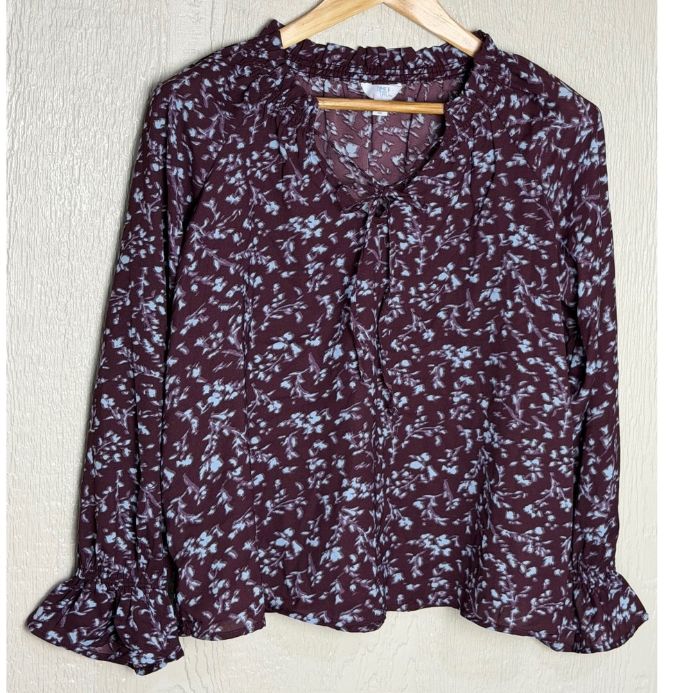 Time and Tru Burgundy Wine Floral Flowy Ruffle Blouse Long Sleeve Small 4-6 NEW